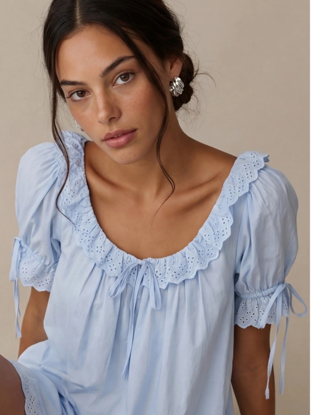 Kourt Sundress In Light Blue Lace-Trim Puff Sleeve Mini Dress - Picture 3 of 10